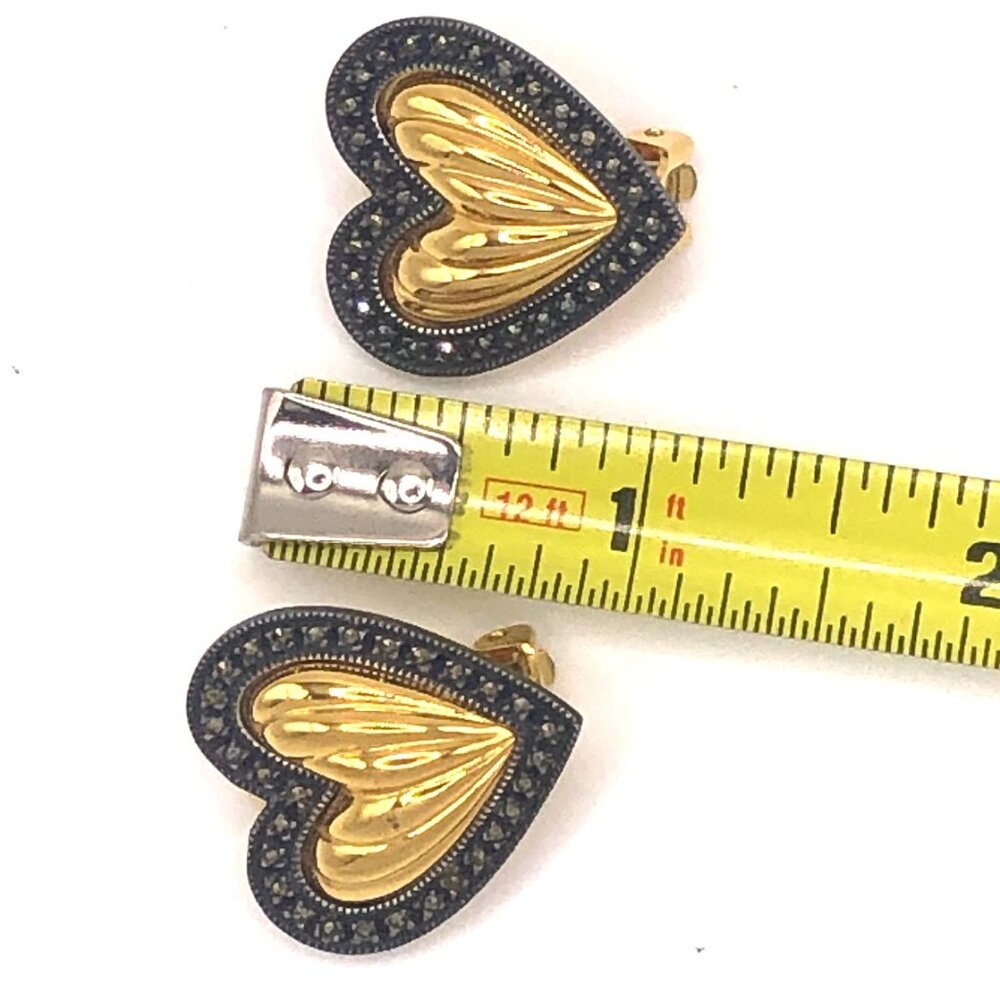 Vintage Judith Jack Gold Tone Marcasite Halo Puffy Heart Clip-On 1" Earrings - Picture 14 of 15